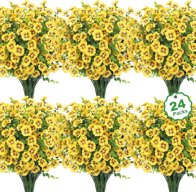 24 Bundles Artificial Flowers for Outdoors Fake Silk Flowers UV Resistant Faux Plants Eucalyptus for Spring Summer Decoration Planters Table Vase Garden Yard Porch Window Home Decor, Yellow