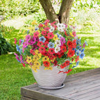 ATTGREAT Artificial Flowers Outdoors Spring Faux Flowers UV Resistant Fake Plastic Greenery Plnats Outside Bulk for Garden Hanging Planter Patio Home Decor, 24 Bundles (Multicolor)