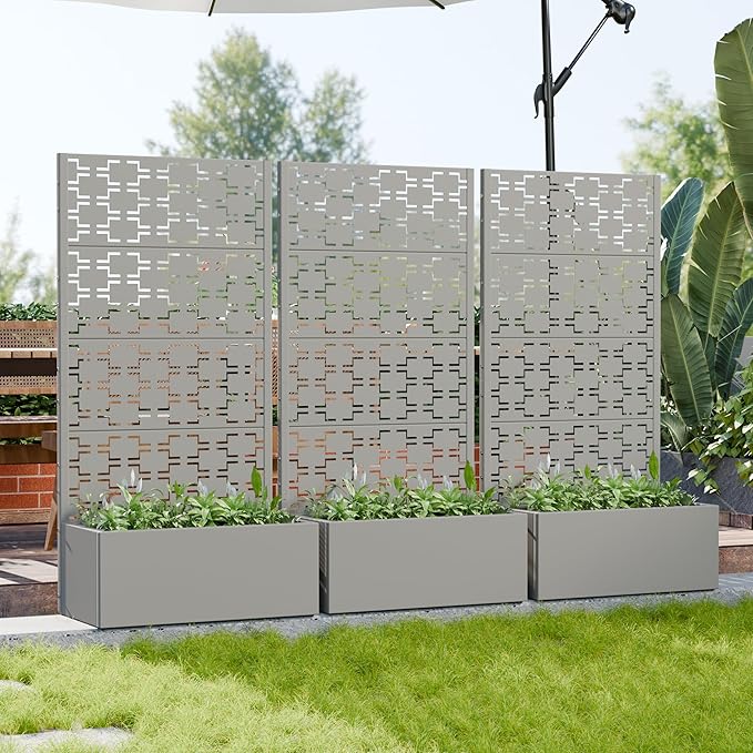 Casaphoria Metal Raised Garden Bed with Trellis, 59"x30"x12" Planter Box for Climbing Plants, Vegetables & Vines, Features Drainage Holes and Privacy Screen, Grey-Brick