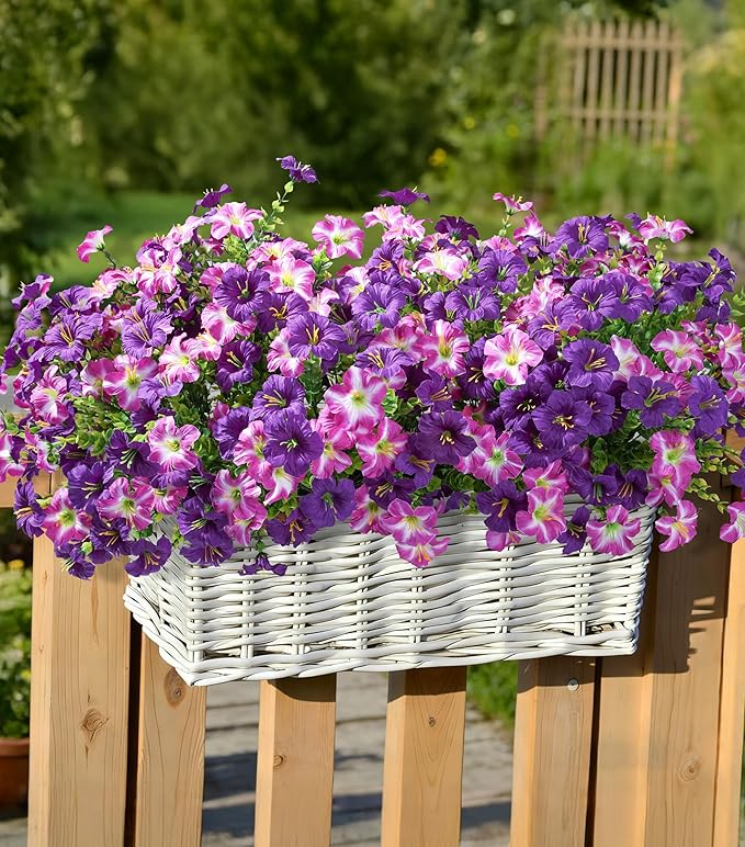 Artificial Flowers for Outdoors Fake Plants Outside Decoration, 20 Bundles Silk Petunia with Eucalyptus UV Resistant Realistic Faux Flowers for Outdoor Planters Garden Balcony Yard Porch Patio, Mix