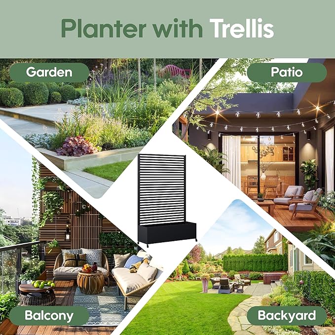 Metal Planter Box with Trellis Privacy Screen, Raised Garden Bed with Trellis & Wheels, Privacy Planters for Patio, Planter Box with Drainage Holes for Climbing Plants, 73"x 47"x 16", Black