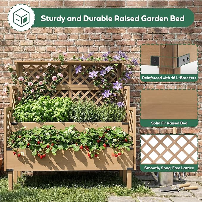 Raised Garden Bed with Trellis & Top Shelf, Outdoor Elevated Planter Box with 2 Planting Areas, Liner & Metal Corners for Climbing Plants, Vegetables, Herbs