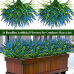 Artificial Flowers for Outdoor Plants 24 Bundles Fake Lavender Plastic Faux Monkey Grass for Verandah Window Garden Office Patio Front Porch UV Resistant for Planter(Blue)