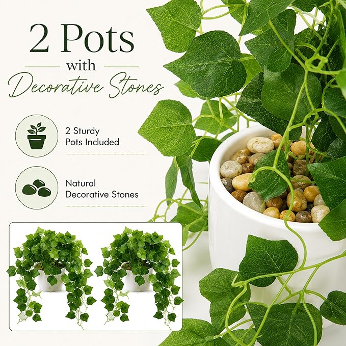 36" Faux Hanging Ivy Plants in White Pots, 2 Pack Fake Pothos Artificial Hanging Plants with 168 Leaves Each & Pebble Topping, Fake Greenery Decor for Shelf Bathroom Office Living Room