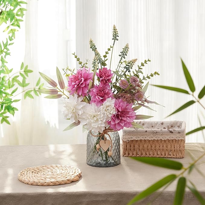LUEUR Artificial Dahlia Flowers with Vase – Rose Red Faux Flower Arrangement, Romantic Floral Centerpiece Table Decorations for Coffee Table, Dining Room, Living Room & Farmhouse Spring & Summer Decor