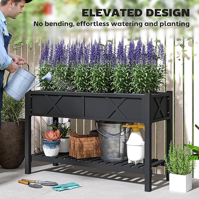 Outsunny Raised Garden Bed, Elevated Wood Planter Box with Storage Shelf, Drainage Holes and Liner for Backyard, Patio, Balcony, 47 x 22 x 31.5 in, Black