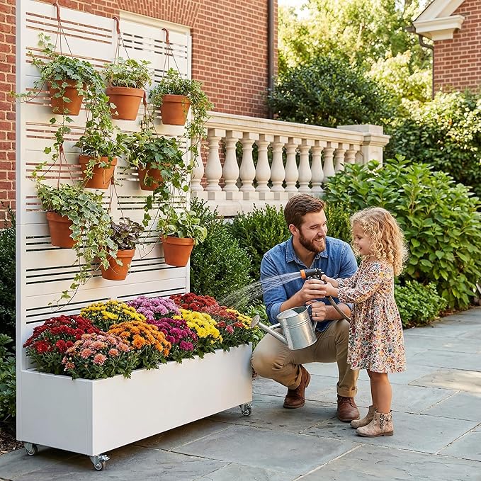 Casaphoria Metal Raised Garden Bed with Trellis and Wheels, 72"x47"x16" Arched Planter Box for Climbing Plants, Vegetables & Vines, Features Drainage Holes and Privacy Screen, White-Harold