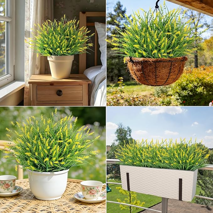 24 Bundles Artificial Plants Flowers Outdoor, Faux Lavender Flowers Fake Monkey Grass UV Resistant Plastic Plant for Porch Garden Patio Window Home Decor, Yellow