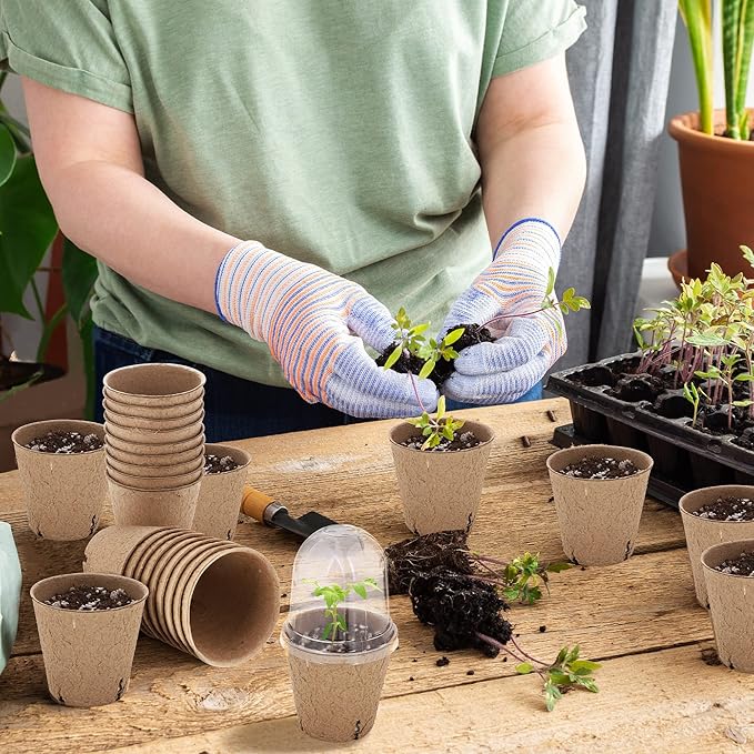 Hahood 60 Set Plant Seeding Pots with Humidity Dome, 3 Inch Brown Biodegradable Seed Starter Pots, Plant Nursery Pots with Plant Labels for Seedlings, Garden Vegetable Germination