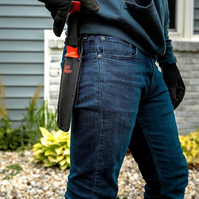 Root Slayer 17211 Garden Soil Knife with Holster for Digging, Weeding, and Root Cutting, Serrated Steel Blade, Red