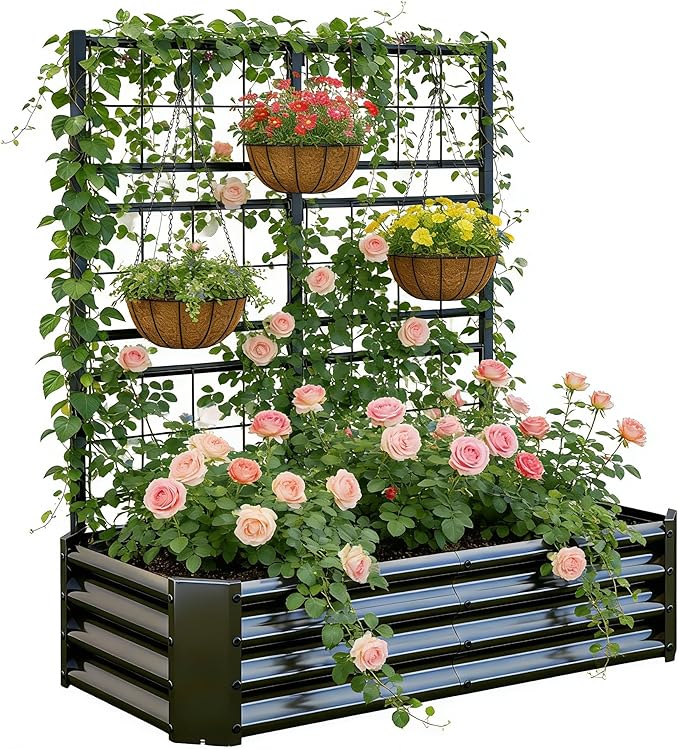 Galvanized Raised Garden Bed with Trellis for Climbing Plants Outdoor,Metal Vertical Garden Planter Box for Patio,Heavy Duty Elevated Garden Bed for Vegetables Tomatoes Cucumbers Flowers Herbs,Black