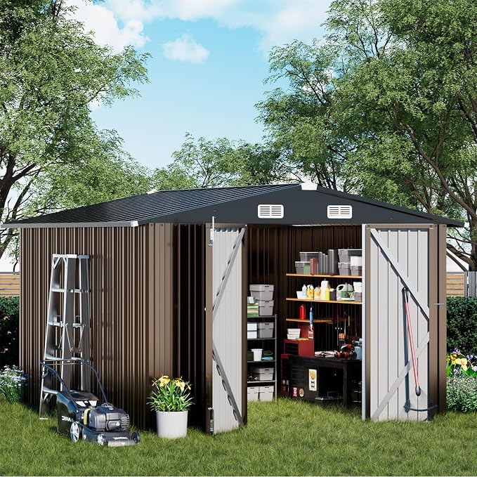 COMHOMA Shed Outdoor Storage Shed Metal,Lockable Doors Tool Sheds with Sloping Roof,Steel Garden Shed with Air Vent for Backyard,Patio,Lawn,Poolside (Brown, 10'x10')
