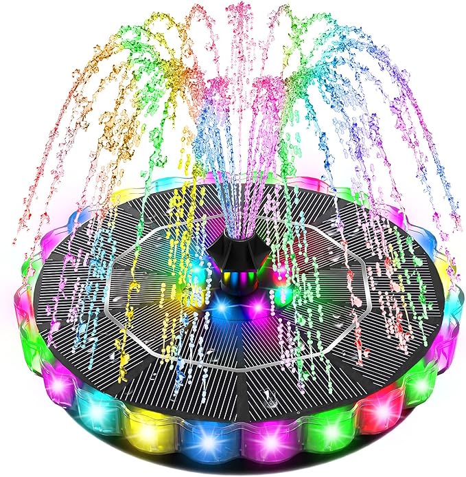 SZMP 3.5W Solar Fountain for Bird Bath with 2000mAh Battery & 3D Color Changing LED Light, Anti-Drift Fixer & 8 Nozzles, Solar Powered Water Fountain Kit for Garden, Patio, Pond (Colorful)