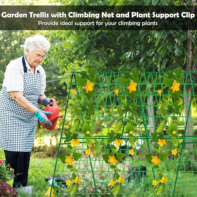 2 Packs 48" x 48" Foldable Cucumber Trellis for Raised Bed- A-Frame Garden Trellis for Climbing Plant Outdoor with Climbing Net & Plant Support Clip for Outdoor Plants Zucchini Vegetables Flowers