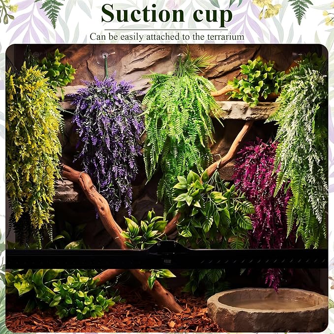 Suncalla Reptile Plants Terrarium Hanging Plants Vines Boston Climbing Terrarium Plant with Suction Cup for Bearded Dragons Lizards Crested Gecko Snake Crab Tank(Bright Series,5 Colors)