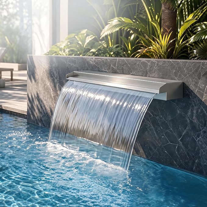 Stainless Steel Pool Fountain Waterfall Sheer Descent, 23.6 Inches Spillway for Swimming Pool, Outdoor Garden Pond, Patio & Backyard Water Feature Decoration(23.6")