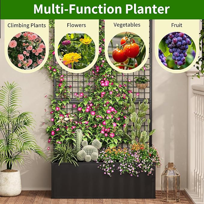 Privacy Planters for Patio – Metal Raised Garden Bed with Trellis and Privacy Screen, 71" x 35" x 16" Planter Box with Drainage Holes for Climbing Plants, Vegetables, and Vines, Outdoor Backyard Black