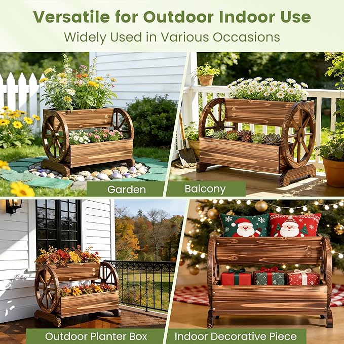 Wooden Wagon Planter Box, Extra Large 2-Tier Decorative Flower Cart with Wheels, Rustic Wood Planter with Drainage Holes & Non-Woven Liner, Raised Garden Bed for Flowers Herbs Vegetables
