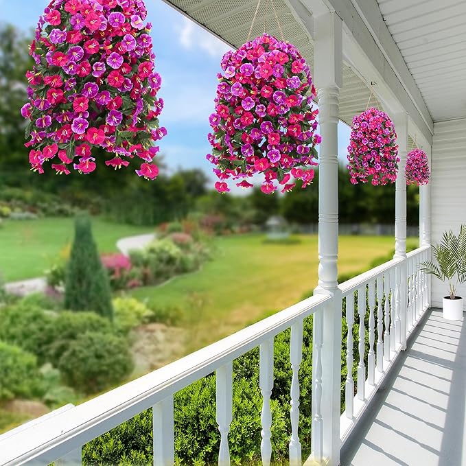 Artificial Fake Hanging Flowers Plants for Outdoor Outside Spring Summer Decoration 2PCS Faux Silk UV Resistant Realistic Morning Glory Trailing Vines for Home Porch Patio Balcony(Rose red & Magenta)