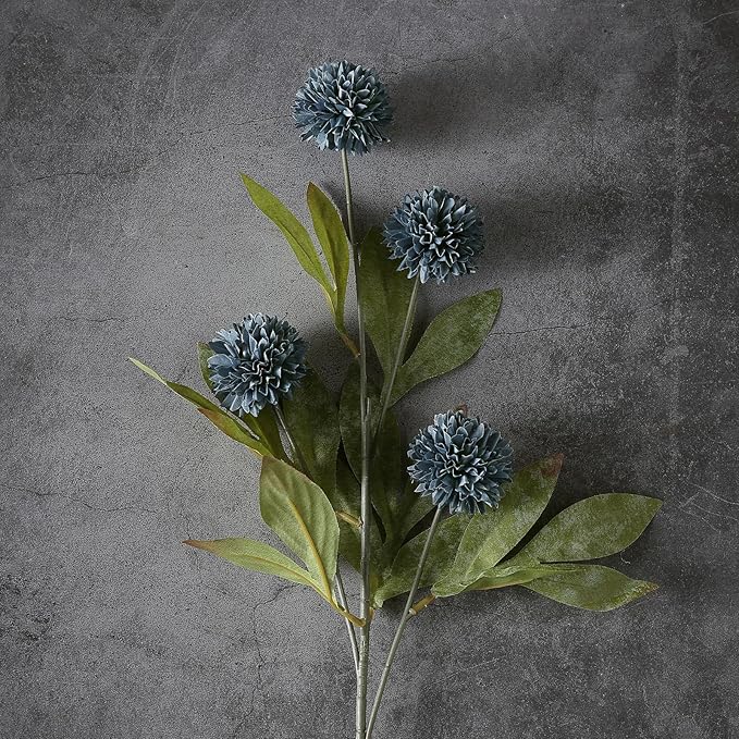 VIERENA 6 Pcs Faux Silk Pompon Mum Artificial Flowers for Vase -27", Bulk Fake Chrysanth Branches with Stems for DIY Bouquet Centerpieces Wedding Fillers Arrangements Shower Decorations (Dark Blue)