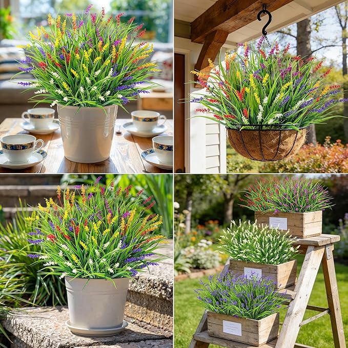 24 Bundles Artificial Plants Flowers Outdoor, Faux Lavender Flowers Fake Monkey Grass UV Resistant Plastic Plant for Porch Garden Patio Window Home Decor, Mixed Color