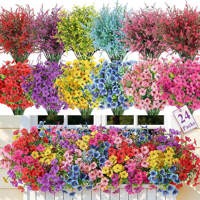 SHareconn 24 Bundles Artificial Flowers for Outdoors Decoration, Faux Plants Fake Silk Colorful Daisy Eucalyptus Lavender, UV Resistant for Outside Home indoor Spring Decor,RedRosyPurpleBlueYellowPink