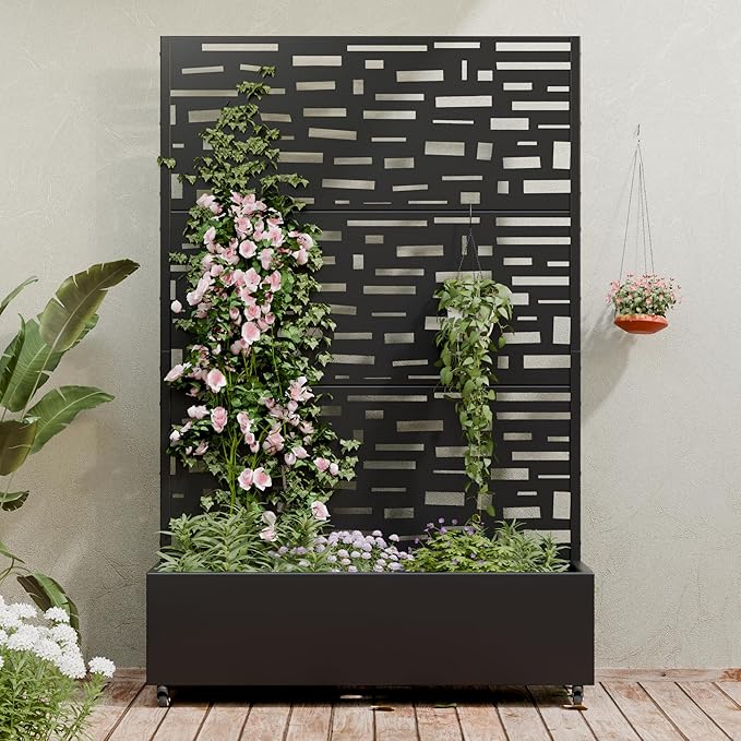Casaphoria Metal Raised Garden Bed with Trellis and Wheels, 72"x47"x16" Planter Box for Climbing Plants, Vegetables & Vines, Features Drainage Holes and Privacy Screen (Black-Gerald)