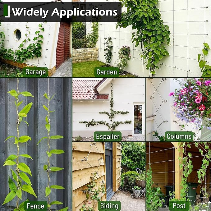 20-Set Black 5/64" (2mm) Wire Trellis for Climbing Plants Outdoor with 98ft Vinyl Coated Cable, T316 Stainless Steel Wall Wire Trellis Kit