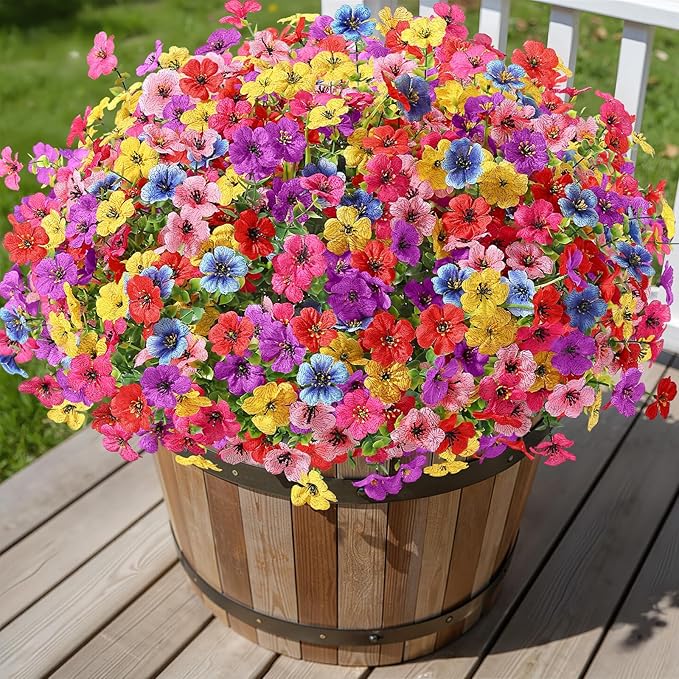 Alupssuc 64 Bundles Artificial Flowers for Outdoors Decoration, UV Resistant Silk Faux Floral Spring Fake Plastic Plants Greenery for Outside Indoor Home Garden Porch Window Box Decor, Mix 6 Colors