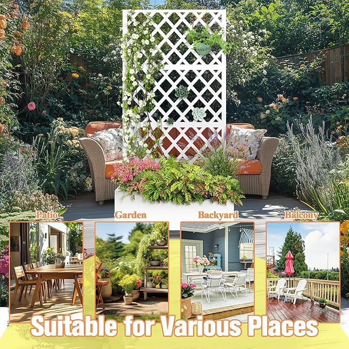 Metal Raised Garden Bed with Diamond Lattice Trellis, Outdoor Planter Box for Climbing Plants Vegetables Vines, Galvanized Garden Box with Drainage Holes and Wheels, White (35.4"L x 16.7"W x 73.2"H)