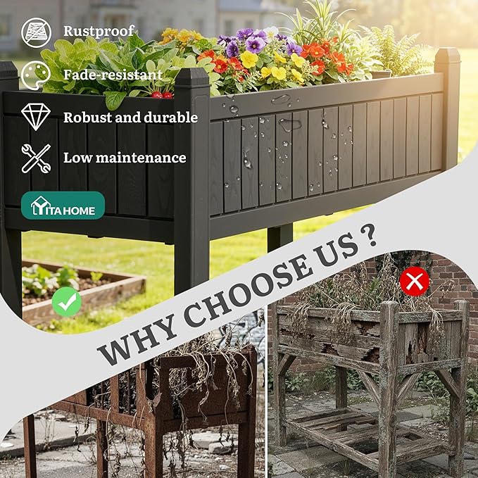 YITAHOME 42.5x17.3x35.4 in Raised Garden Bed, Outdoor Plastic Planter Box with Wheels, Legs, Drain Plug, and Storage Shelf for Plants, Vegetables, Flowers, Herbs, Black