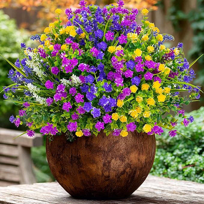 Artificial Flowers Outdoor Fake Plants - 12 Bundles UV Resistant Shrubs No Fade Faux Plastic Greenery Home Garden Porch Patio Decoration Indoor (1, Multi-12pcs)