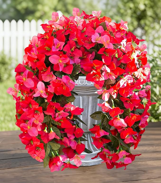 HyeFlora Bougainvillea Artificial Hanging Flowers Plants for Outdoors Decoration, 2pcs Fake Flowers Silk Bougainvillea Vines Realistic UV Resistant Faux Flowers for Outdoor Planters Porch Patio, Mix