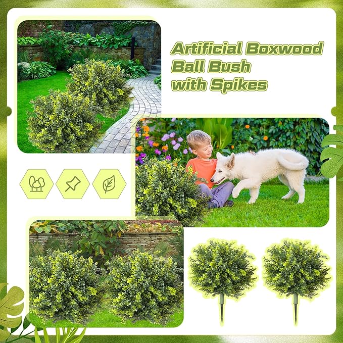 CroBlissful 2 Pack Artificial Boxwood Topiary Ball 24'' Faux Boxwood Tree with Ground Spike UV Resistant Evergreen Bush Fake Outdoor Plants for Front Door Porch Garden Yard Wedding Indoor Decor