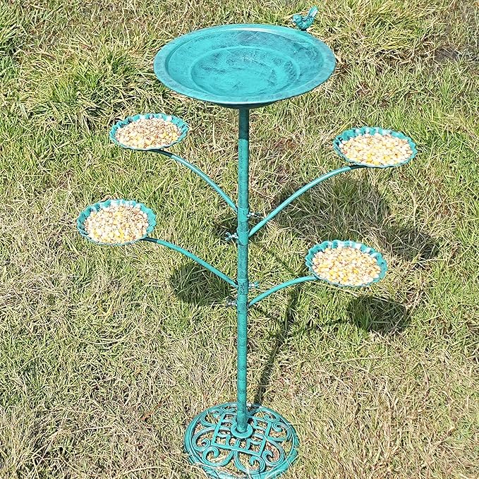 HOUYANG 35 "H Cast Iron Base Bird Bath for Outside, Metal Bird Feeding Bowl Tray, Metal Bird Bath Garden Patio Decor(Green)