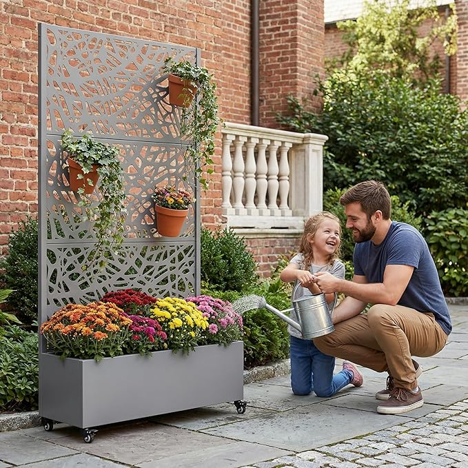 Casaphoria Metal Raised Garden Bed with Trellis and Wheels, 72"x35"x16" Planter Box for Climbing Plants, Vegetables & Vines, Features Drainage Holes and Privacy Screen, Grey-Net