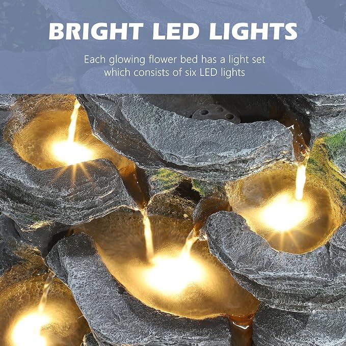 Grepatio Outdoor 7-Tiers Cascading Rock Water Fountain, Waterfall Fountain with 6 LED Lights, Outdoor Fountains and Waterfalls for Garden or Patio, Yard, and Deck Decor with Natural Stone Look