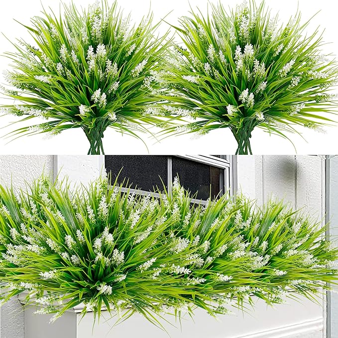 Sggvecsy 24 Bundles Artificial Plants Outdoor Faux Lavender Flowers Fake Monkey Grass UV Resistant Plastic Greenery Plants for Garden Home Porch Window Patio Hanging Planter Indoor Decor (White)