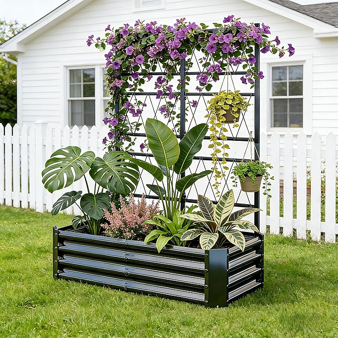 Galvanized Raised Garden Bed with Trellis for Climbing Plants Outdoor,Metal Vertical Garden Planter Box for Patio,Heavy Duty Elevated Garden Bed for Vegetables Tomatoes Cucumbers Flowers Herbs,Black