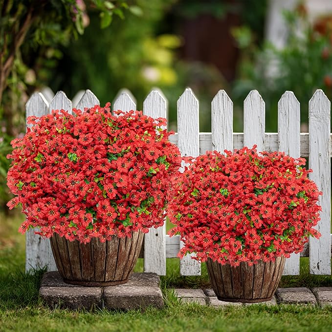 AXYLEX Artificial Flowers for Outdoors Fake Plants - 16 Bundles Faux Outside Greenery Boxwood No Fade Plastic Shrubs Fall Decor Farmhouse Home Garden Thanksgiving Mums (PureRed)