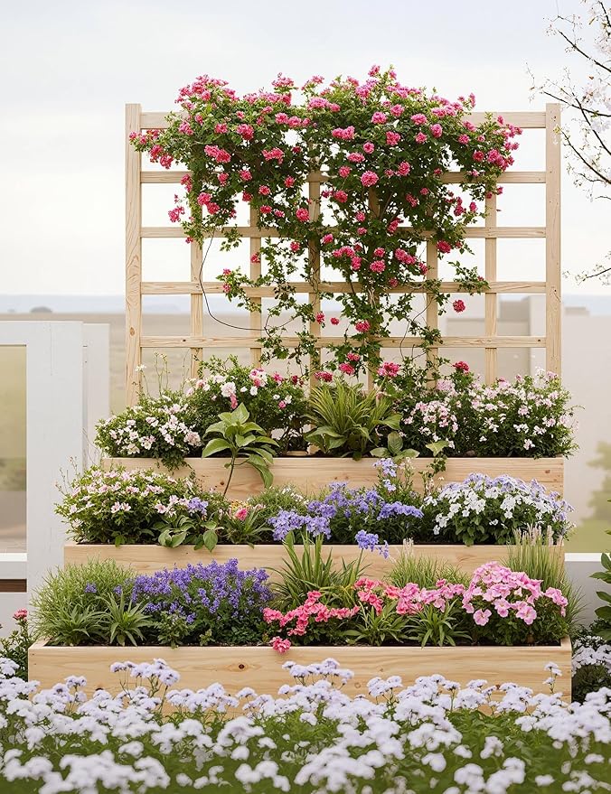 PeakPursuit 3 Tier Raised Garden Bed with Trellis, Outdoor Wood Raised Bed with Climbing Trellis,Open Base Garden Planter Bed for Vegetables Herbs, Outdoor Patio Yard Garden