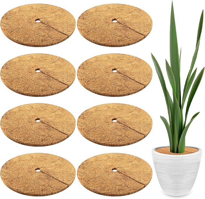 Sinimaka 8 Pcs Coconut Fiber Tree Ring Mulch Mat, 13.8 Inch Mulch Ring Plant Protectors Mat, Coco Coir Tree Disc Plant Covers Tree Weed Barrier Ring for Indoor Outdoor Plants