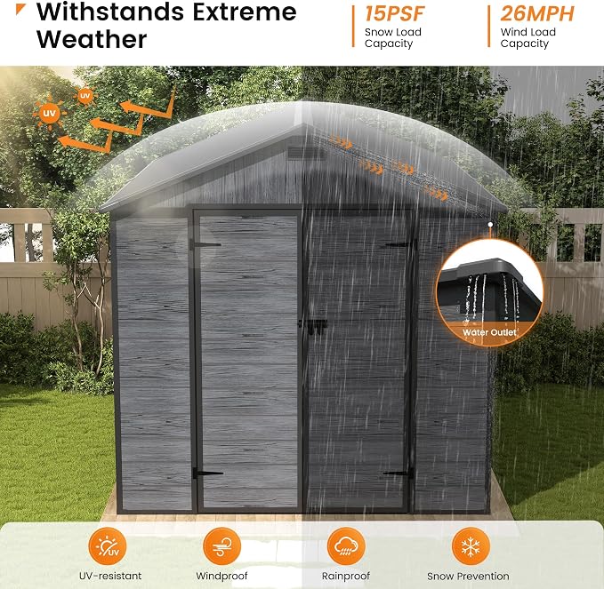 UDPATIO Outdoor Resin Storage Shed 8 x 10 FT, Plastic Storage Shed with Floor Large Outdoors Garden Tool Storage Shed Outside Clearance Shed with Lockable Door for Bike, Backyard, Patio, Dark Grey