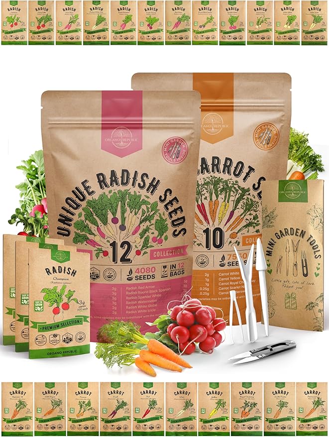 Organo Republic 12 Radish and 10 Carrot Seeds Variety Pack Bundle, 9,950+ Non-GMO Heirloom Garden Seeds for Planting Radishes and Carrots for Indoor & Outdoor Gardening