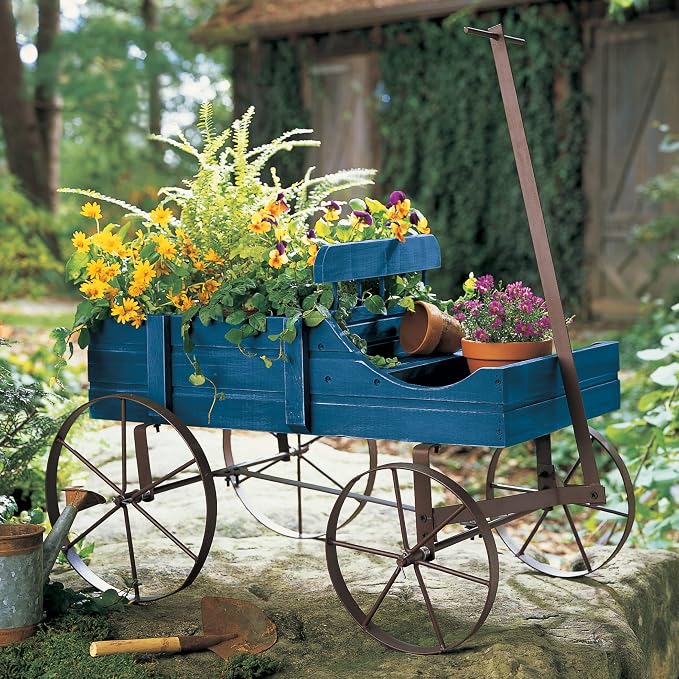 Collections Etc Amish Wagon Decorative Indoor/Outdoor Garden Backyard Planter, Blue