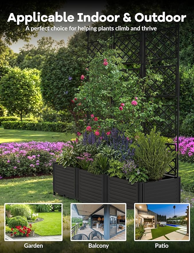 3 PCS Raised Garden Bed with Trellis & Privacy Screen, 50" w x 63" Tall Vertical Garden Planter Box for Climbing Plants - Sturdy Lightweight Outdoor Planter for Vegetables, Flowers on Patio, Balcony