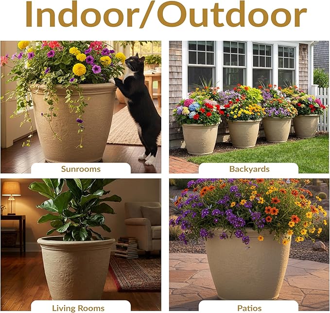 Sunnydaze 20-Inch Anjelica Large Plastic Pot for Plants - Outdoor Double-Walled Large Plastic Planter with Drillable Drainage Holes- Beige