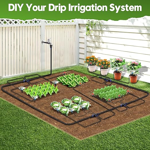 100FT Drip Irrigation System Kit, Automatic Garden Watering System Quick-Connect Adjustable Sprinklers for Raised Garden Beds, Greenhouse, Yard, Lawn, Plant with 1/2" & 1/4" Tubing and Accessories