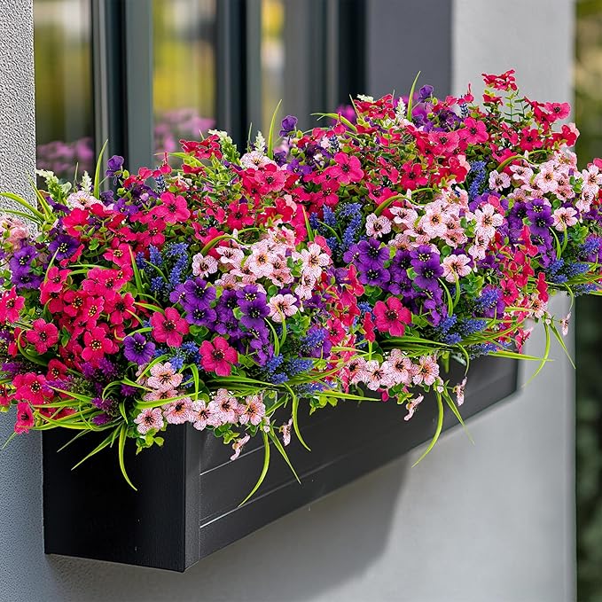 AXYLEX Artificial Flowers for Outdoors Fake Plants - 16 Bundles Faux Outside Greenery Boxwood No Fade Plastic Shrubs Fall Decor Farmhouse Home Garden Thanksgiving Mums (Mix White Purple Pink)