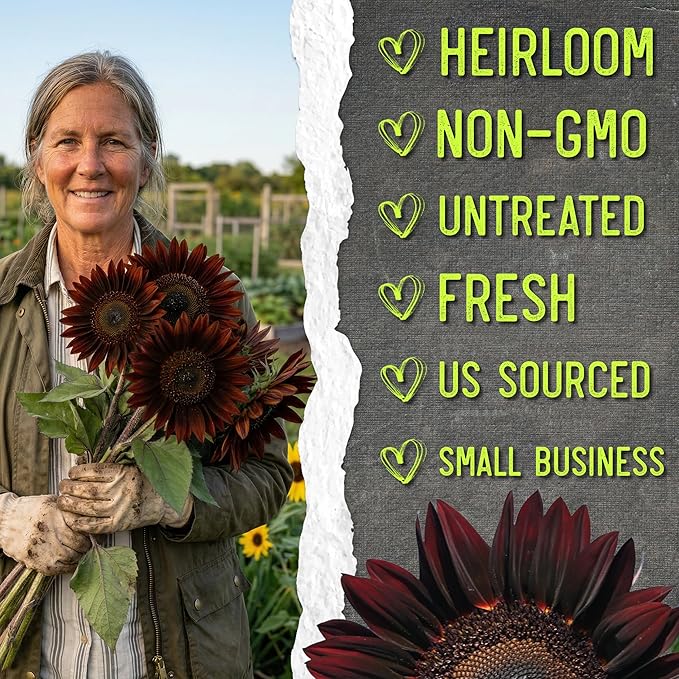 Seed Needs Chocolate Sunflower Seeds for Planting Dark Maroon Sunflowers - Heirloom & Open Pollinated Flower Seed to Plant & Grow an Outdoor Wildflower Butterfly Garden (1 Pack)